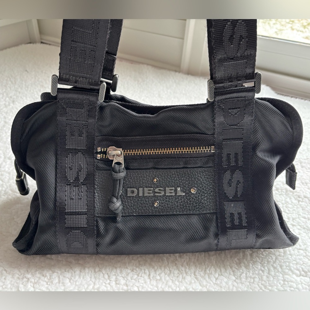 Diesel Vintage Y2K Black Logo Nylon Shoulder Bag with Leather Handles - Picture 1 of 6